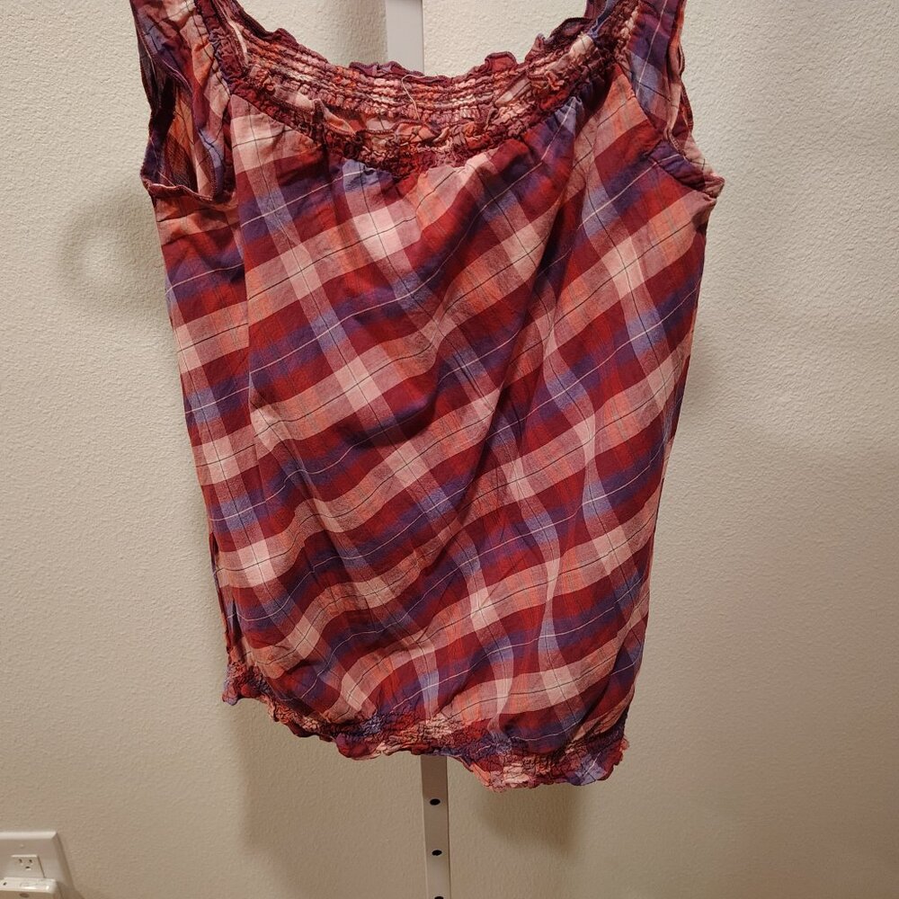 Y2K Vintage OP Junior's Plaid Tank Top Large Purple Pink Ruffle Straps Cotton - Picture 9 of 10